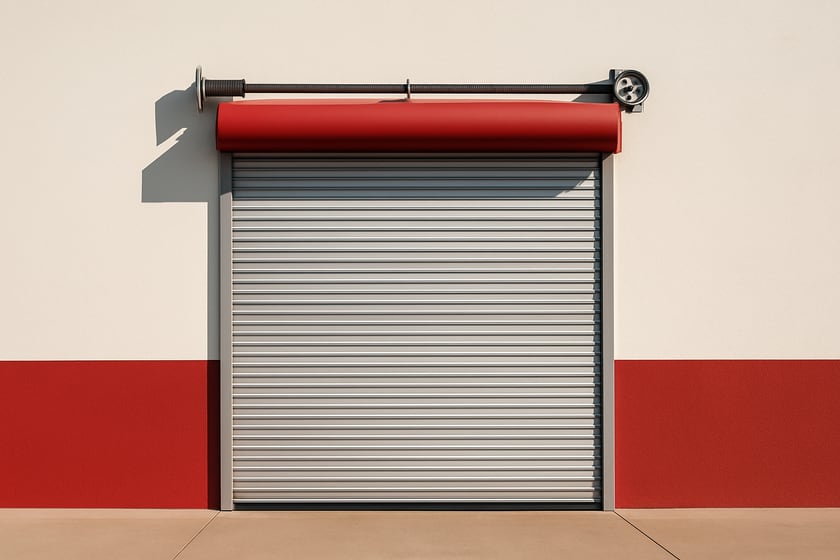 Product shot of a closed commercial steel roll up door against a plain wall, for the article Oct 14 NWS wind advisory for southern Clark County: what gusty north winds do to commercial doors, and the checks that follow.