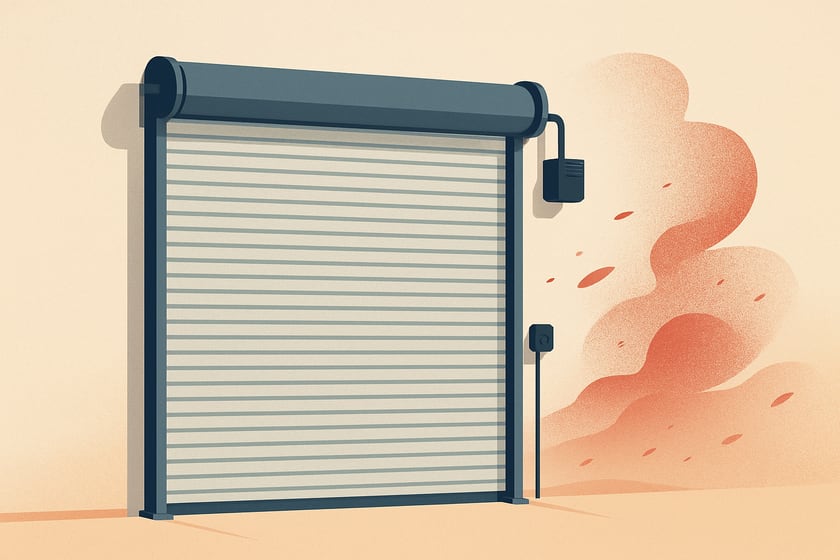 Illustration of a closed commercial steel roll up door against a plain wall, for the article Oct. 15 NWS Wind Advisory Over Las Vegas: What Wind And Dust Do To Commercial Doors And The Checks To Make After A Storm.