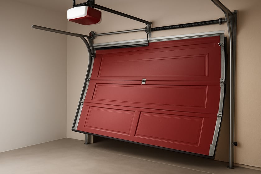 Product shot of a sectional garage door with a roller out of its track, for the article After the October 16 Henderson outage: manual release safety, backups, and off-track checks when power comes back.