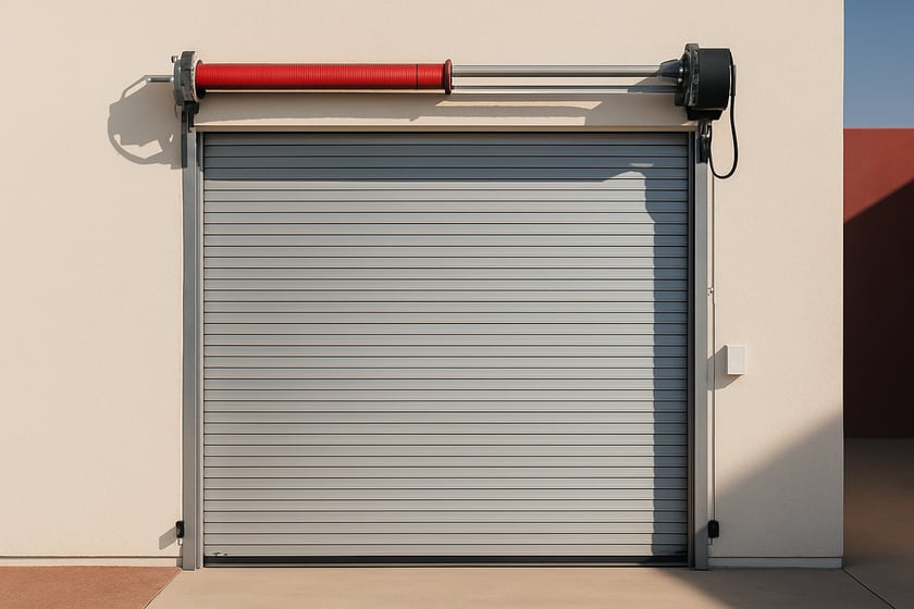 Product shot of a closed commercial steel roll up door against a plain wall, for the article Oct. 2 Las Vegas wind advisory and blowing dust: what wind does to a commercial garage door and the checks that follow a storm.