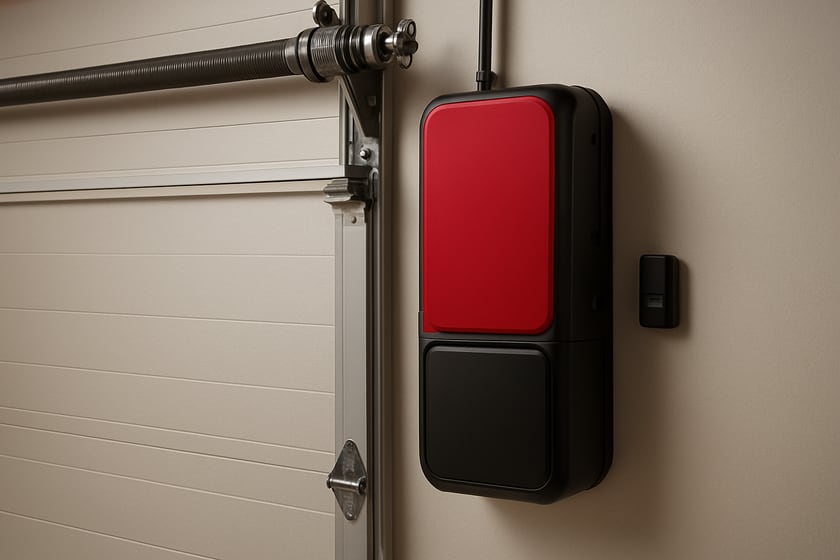 Product shot of a closed sectional garage door and its hardware, for the article October 2026 myQ cuts Matter, Apple and Google: what it means before you buy or add smart control to an RV garage door opener.