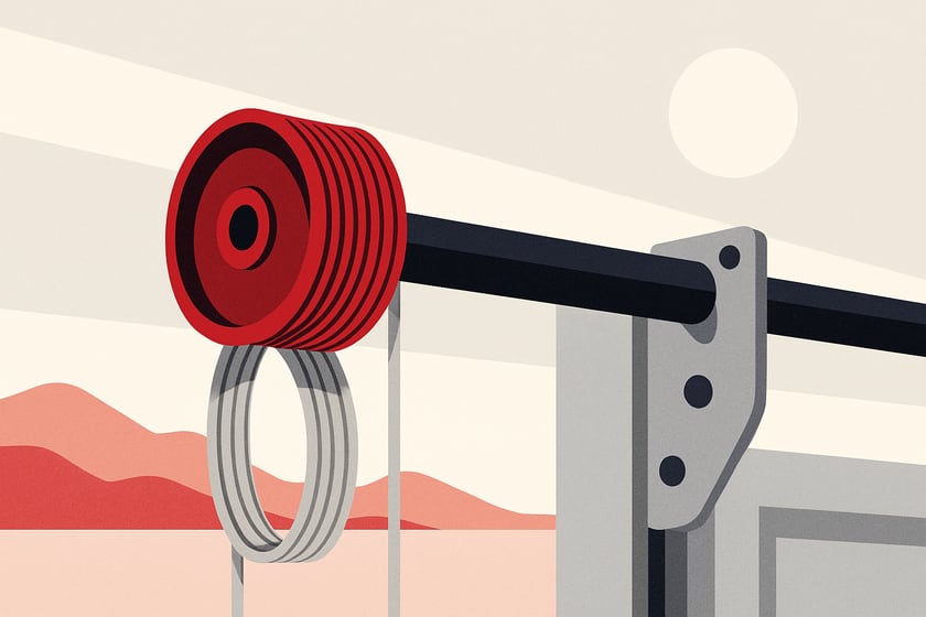 Illustration of a lift cable wound onto its drum beside the torsion shaft, for the article October 8 Las Vegas record heat: what 98-degree days do to garage door cables and what to book.
