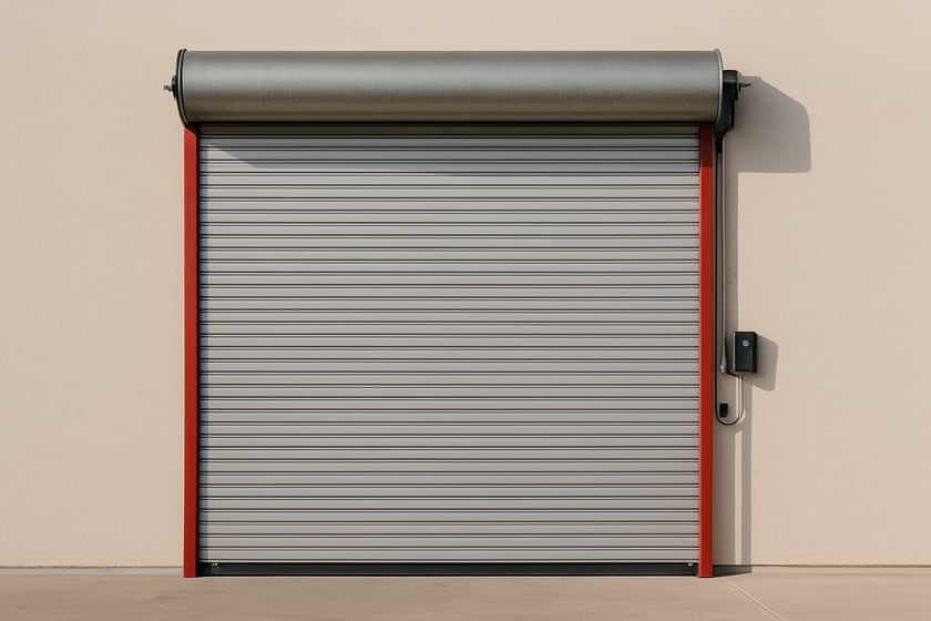 Product shot of a closed commercial steel roll up door against a plain wall, for the article October 9 NWS Las Vegas wind advisory: what wind and blowing dust do to a commercial door, and the checks that follow a storm.