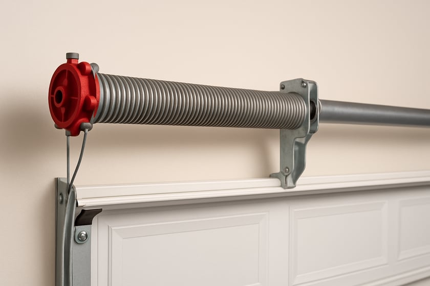 Product shot of a torsion spring on its shaft above a closed garage door, for the article Oil tempered vs galvanized springs: when a Las Vegas home should choose each.