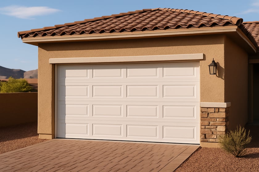 Product shot of a house exterior with a new closed sectional garage door, for the article Overhead Door Corporation garage doors in Las Vegas: repair or replace.