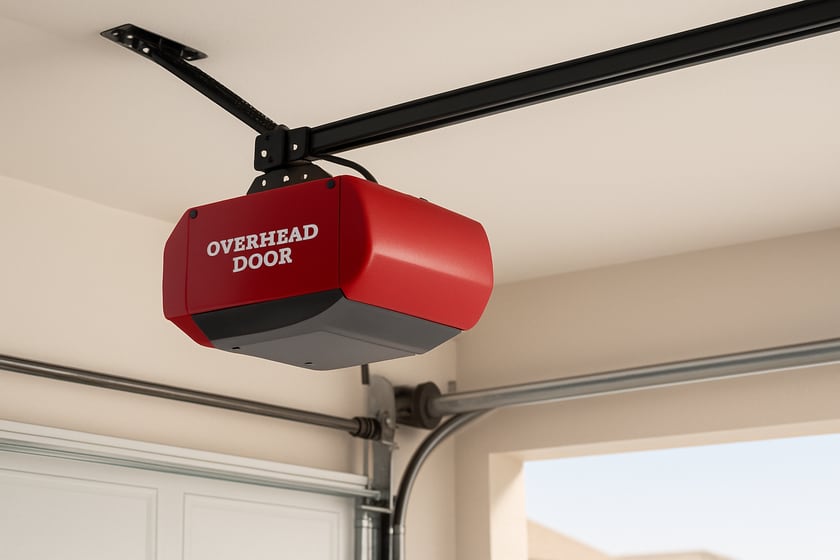 Product shot of a ceiling mounted garage door opener with its rail and trolley, for the article Overhead Door garage door opener repair and replacement in Las Vegas homes.