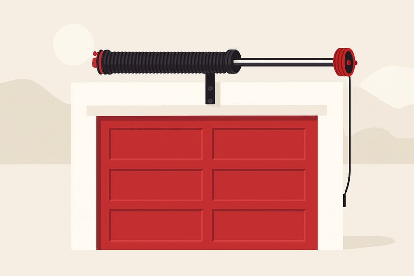Illustration of a torsion spring on its shaft above a closed garage door, for the article Broken garage door spring repair, replacement and installation in Paradise Palms.
