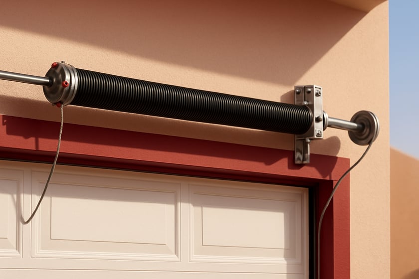Product shot of a torsion spring on its shaft above a closed garage door, for the article Broken garage door spring repair, replacement and installation in Peccole Ranch.