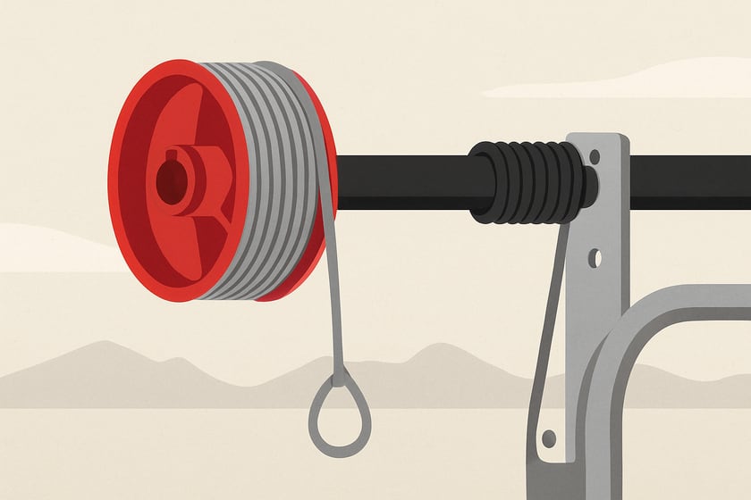 Illustration of a lift cable wound onto its drum beside the torsion shaft, for the article What separates a premium garage door cable from a basic one.