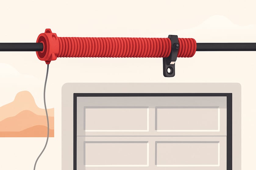 Illustration of a torsion spring on its shaft above a closed garage door, for the article What separates a premium garage door spring from a basic one.