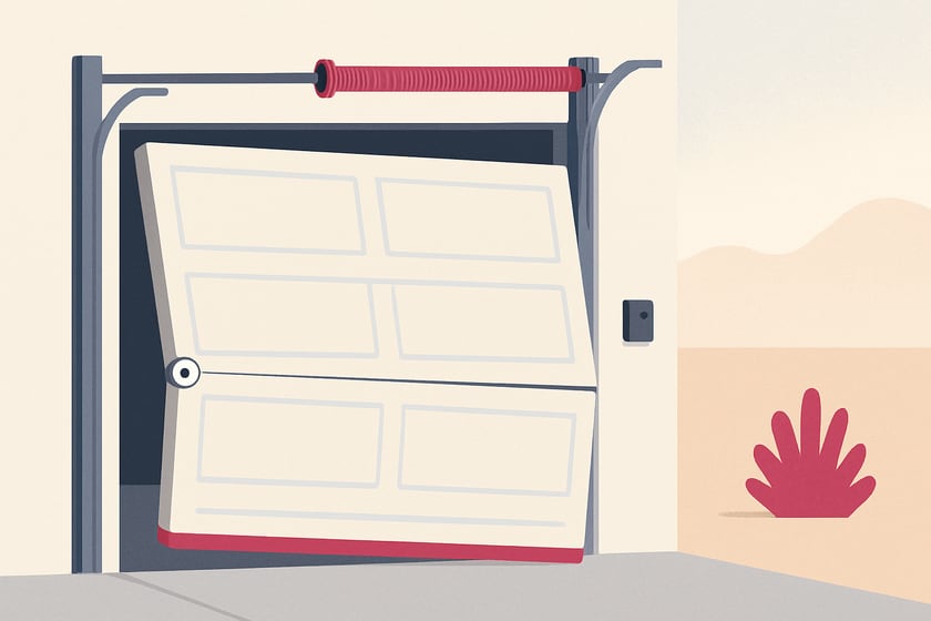 Illustration of a sectional garage door with a roller out of its track, for the article What separates a premium garage door track system from a basic one.