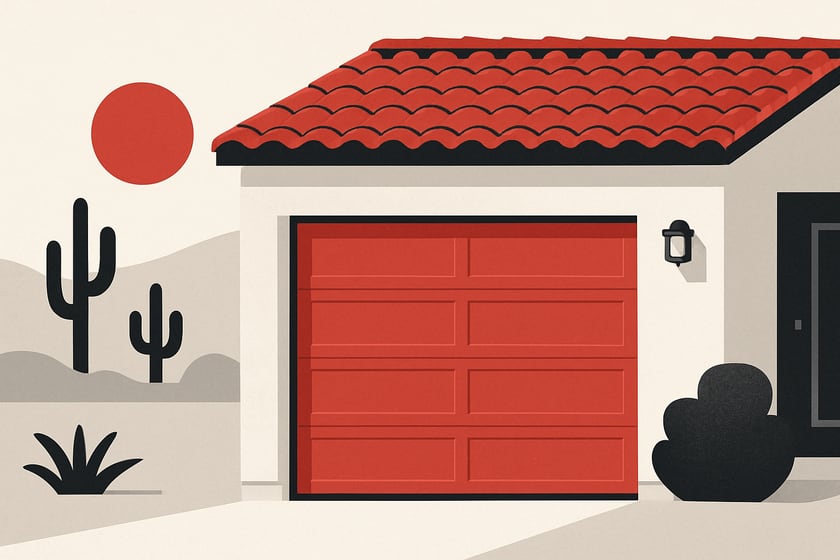 Illustration of a house exterior with a new closed sectional garage door, for the article What separates a premium insulated garage door from a basic one.