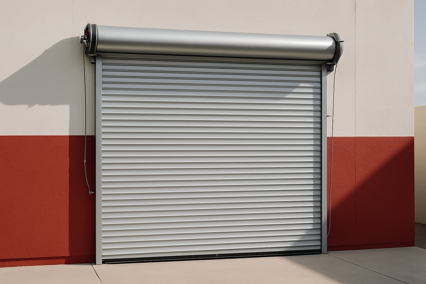 Product shot of a closed commercial steel roll up door against a plain wall, for the article What Drives the Price of Commercial Garage Doors in Las Vegas and What a Written Price Should List.