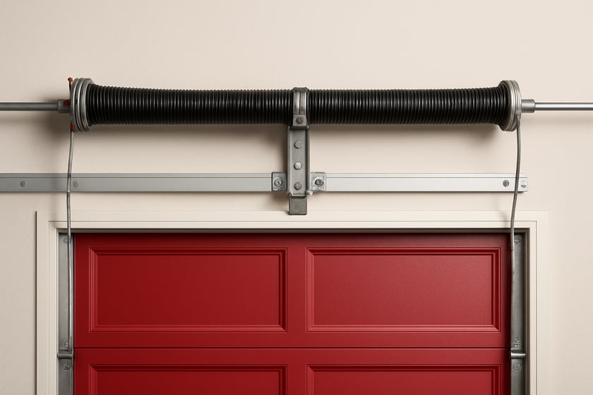 Product shot of a torsion spring on its shaft above a closed garage door, for the article Broken garage door spring repair, replacement and installation in Providence.