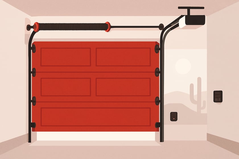 Illustration of a sectional garage door with its spring, cables and rollers, for the article What questions should you ask before hiring a garage door company for repair in Las Vegas.