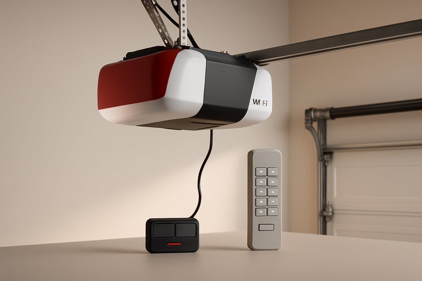 Product shot of a wifi garage door opener with a remote and wireless keypad, for the article What questions should you ask before hiring a garage door company for smart opener installation.