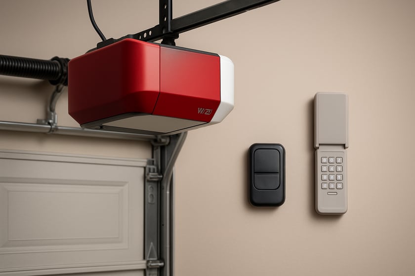 Product shot of a wifi garage door opener with a remote and wireless keypad, for the article What questions should you ask before hiring a garage door company for smart opener installation.