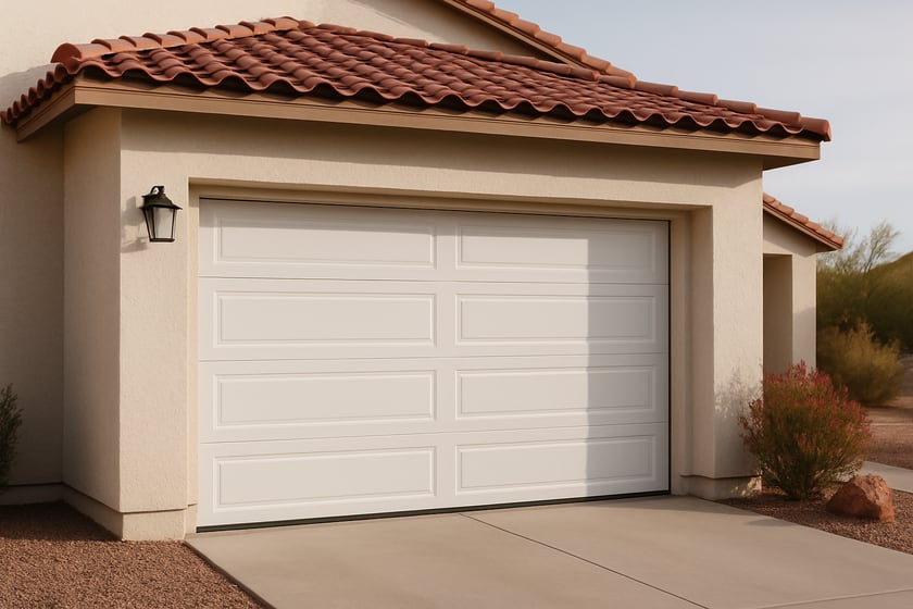 Product shot of a house exterior with a new closed sectional garage door, for the article What questions should you ask before hiring a garage door company for a new door installation in Las Vegas?