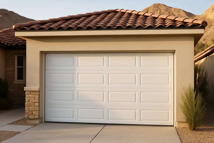 Product shot of a house exterior with a new closed sectional garage door, for the article What questions should you ask before hiring a garage door company for a new door installation in Las Vegas.