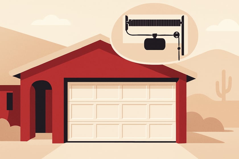 Illustration of a house exterior with a new closed sectional garage door, for the article Raynor garage doors in Las Vegas: springs, repair and replacement.