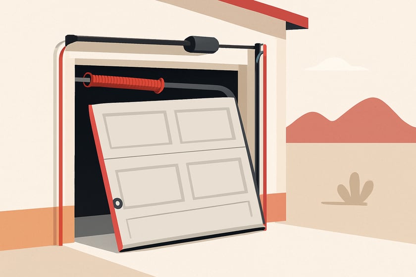 Illustration of a sectional garage door with a roller out of its track, for the article Repair vs replace bent tracks when a Las Vegas garage door goes off.