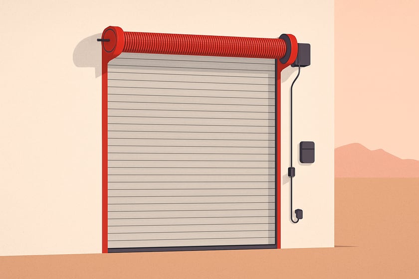 Illustration of a closed commercial steel roll up door against a plain wall, for the article Repair vs replace commercial overhead doors: the findings on an inspection that decide it.