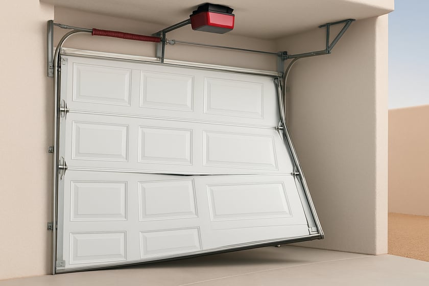 Product shot of a sectional garage door with a roller out of its track, for the article Repair vs replace an off-track garage door: the findings on an inspection that decide it.