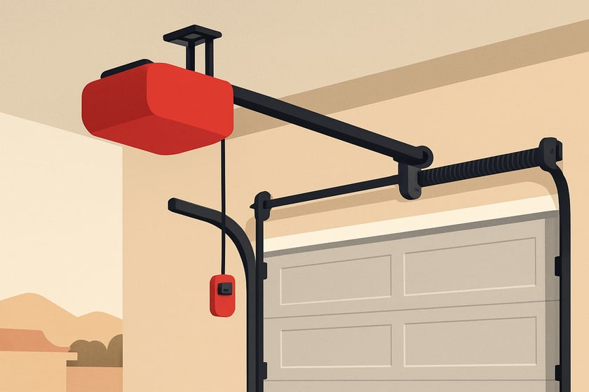 Illustration of a ceiling mounted garage door opener with its rail and trolley, for the article Repair vs replace a garage door opener: the findings on an inspection that decide it.