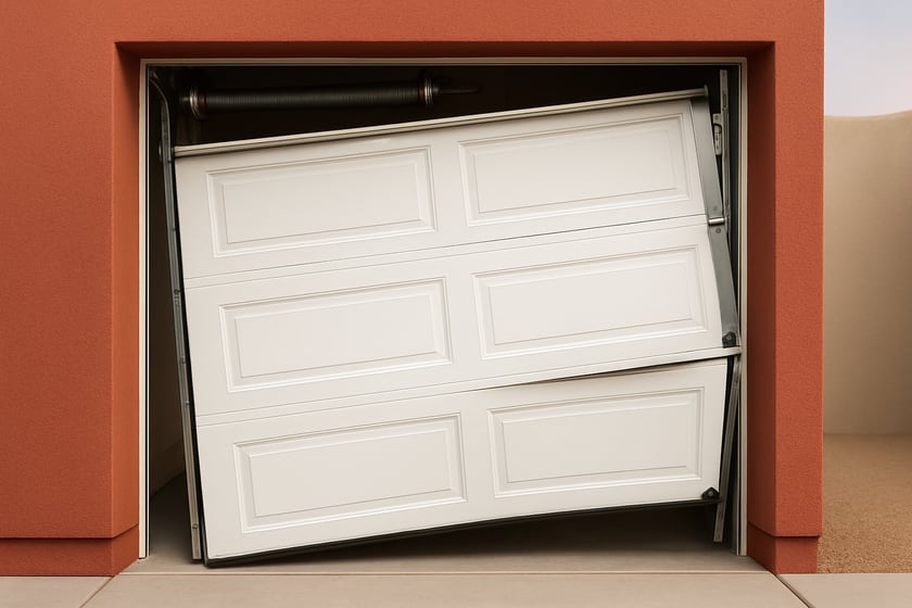 Product shot of a sectional garage door with a roller out of its track, for the article Repair vs replace an off track garage door: the findings on an inspection that decide it.