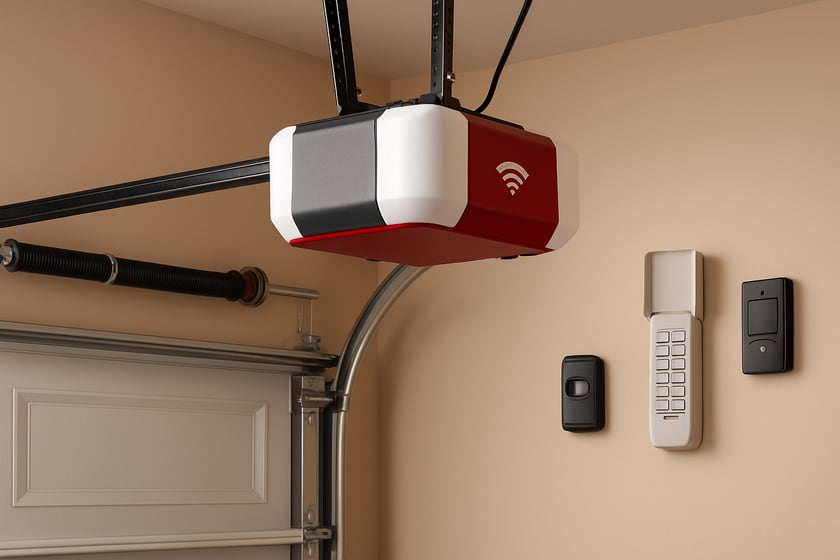 Product shot of a wifi garage door opener with a remote and wireless keypad, for the article Repair vs replace a smart garage door opener: the findings on an inspection that decide it.