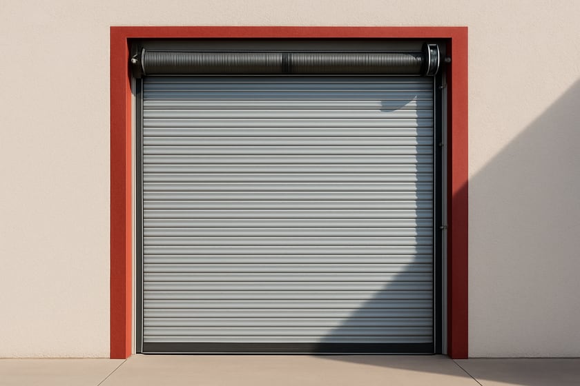 Product shot of a closed commercial steel roll up door against a plain wall, for the article Replacing a garage door in Las Vegas: HOA rules, original tract doors, and what to specify for a commercial upgrade.