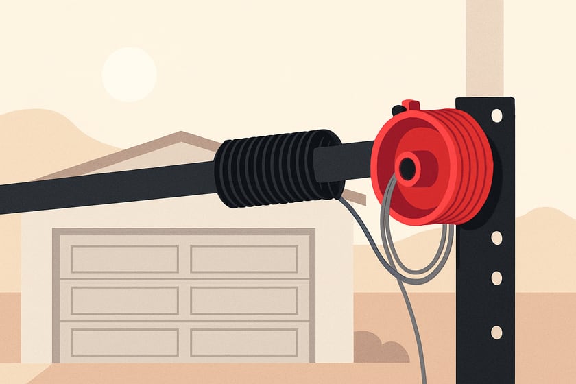 Illustration of a lift cable wound onto its drum beside the torsion shaft, for the article Replacing a Garage Door in Anthem: HOA Rules, Builder Doors, and Cable Choices That Last.