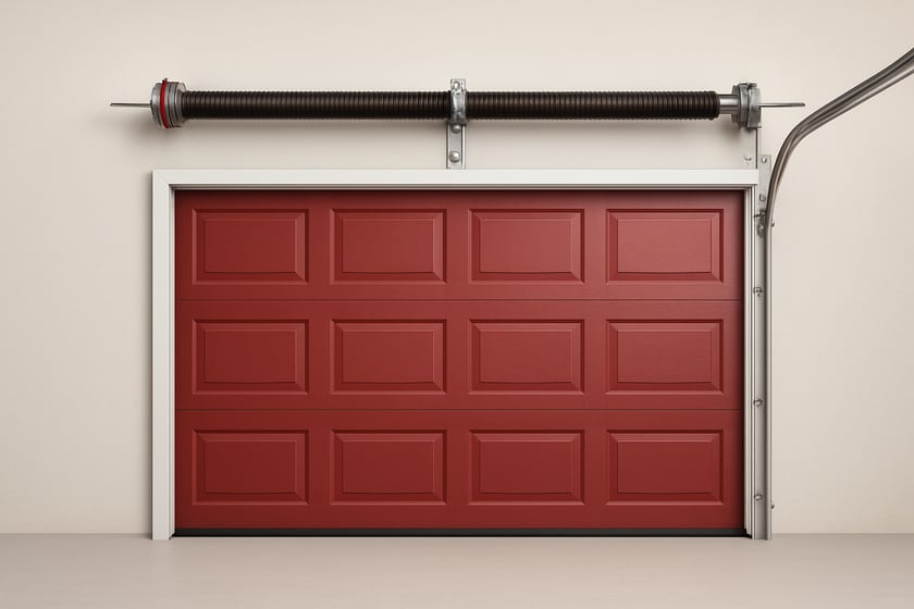 Product shot of a torsion spring on its shaft above a closed garage door, for the article Replacing a Garage Door in Centennial Hills: HOA Rules, Original Tract Doors, and What to Specify for New Springs.