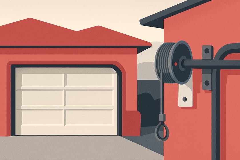 Illustration of a lift cable wound onto its drum beside the torsion shaft, for the article Replacing a garage door in Craig Ranch: HOA rules, builder doors, and what to specify this time.