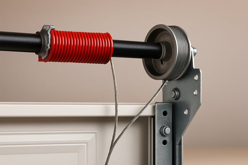 Product shot of a lift cable wound onto its drum beside the torsion shaft, for the article Replacing a Garage Door in Enterprise: HOA Rules, Builder Doors, and What to Specify This Time.