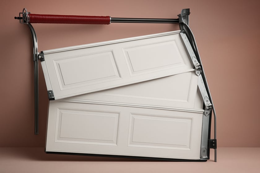 Product shot of a sectional garage door with a roller out of its track, for the article Replacing a garage door in Henderson: HOA rules, the builder door, and what to specify now.