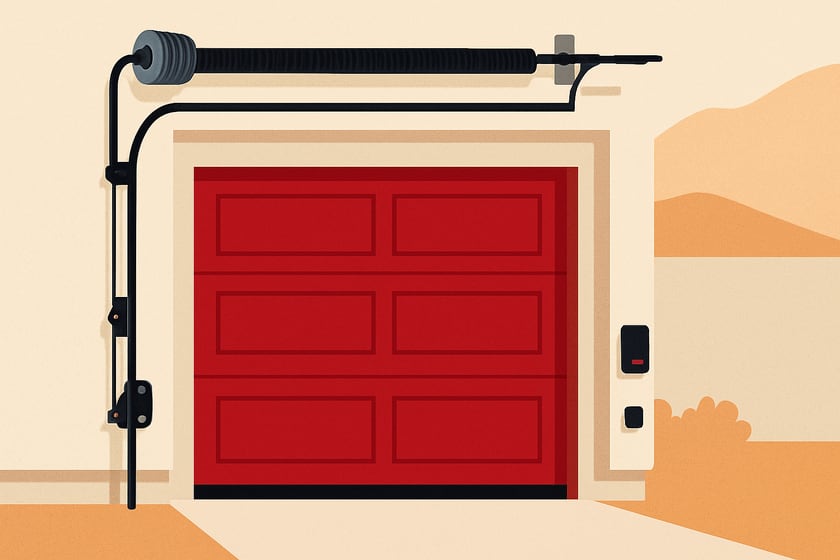 Illustration of garage door rollers, hinges and a spring along the track, for the article Replacing a Garage Door in Spring Valley: HOA Rules, Tract Builder Doors, and What to Specify This Time.
