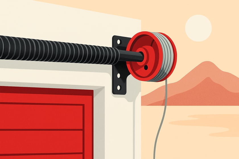 Illustration of a lift cable wound onto its drum beside the torsion shaft, for the article Replacing a garage door in Sunrise Manor: HOA rules, older one-piece doors, and what to specify so cables last.
