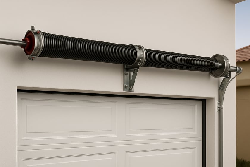 Product shot of a torsion spring on its shaft above a closed garage door, for the article Broken garage door spring repair, replacement and installation in Rhodes Ranch.