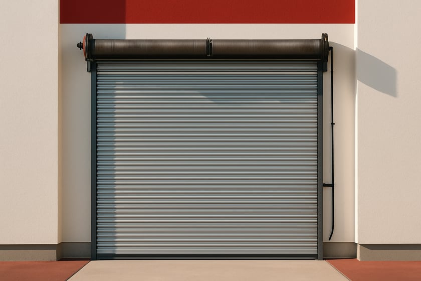 Product shot of a closed commercial steel roll up door against a plain wall, for the article Rolling steel vs sectional commercial doors: when a Las Vegas property should choose each.