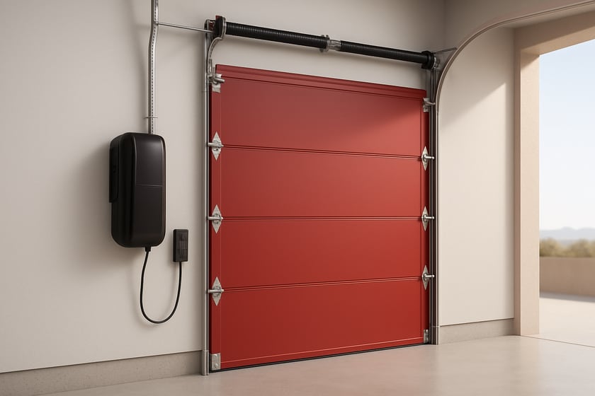 Product shot of a closed sectional garage door and its hardware, for the article RV garage door openers for aging-in-place households in Las Vegas.