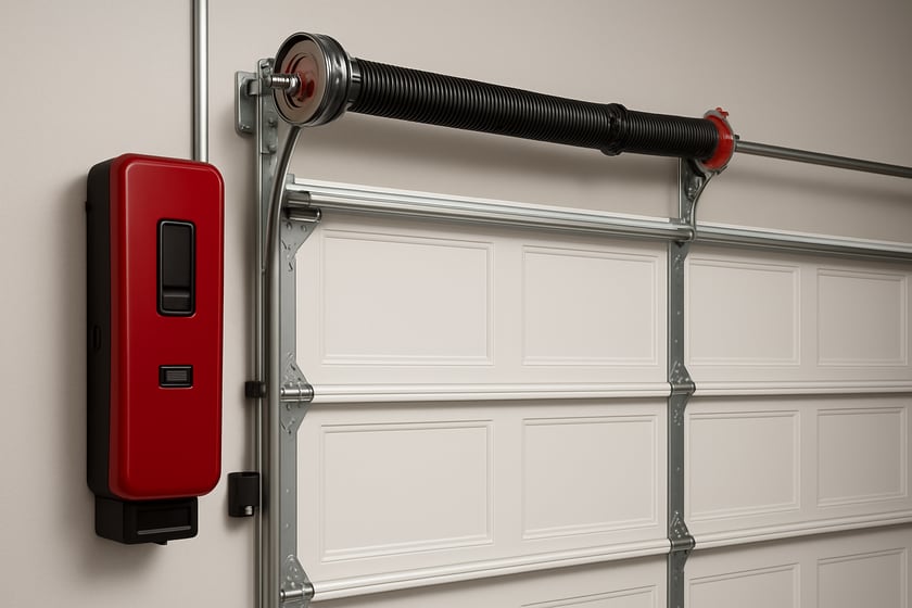 Product shot of a closed sectional garage door and its hardware, for the article RV garage door openers for Las Vegas home sellers.
