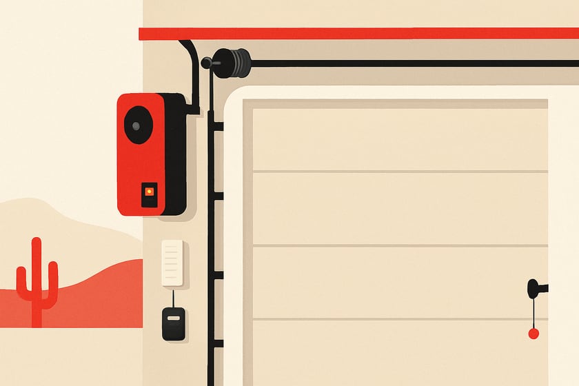 Illustration of a closed sectional garage door and its hardware, for the article RV garage door openers for Las Vegas landlords and rental homes.