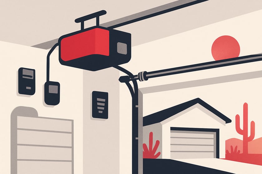 Illustration of a ceiling mounted garage door opener with its rail and trolley, for the article Ryobi garage door opener repair and replacement in Las Vegas homes.