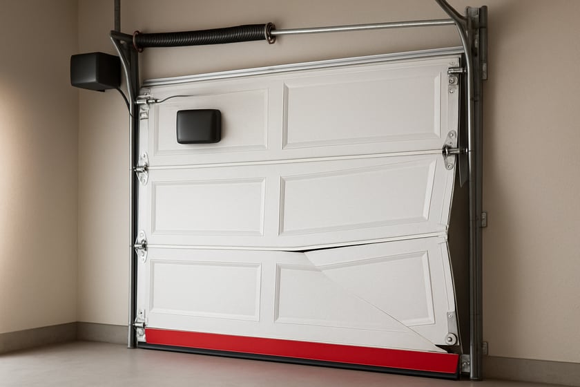 Product shot of a sectional garage door with a roller out of its track, for the article After the Sept. 13 Las Vegas NV Energy outage: manual release safety, battery backups and off-track checks.