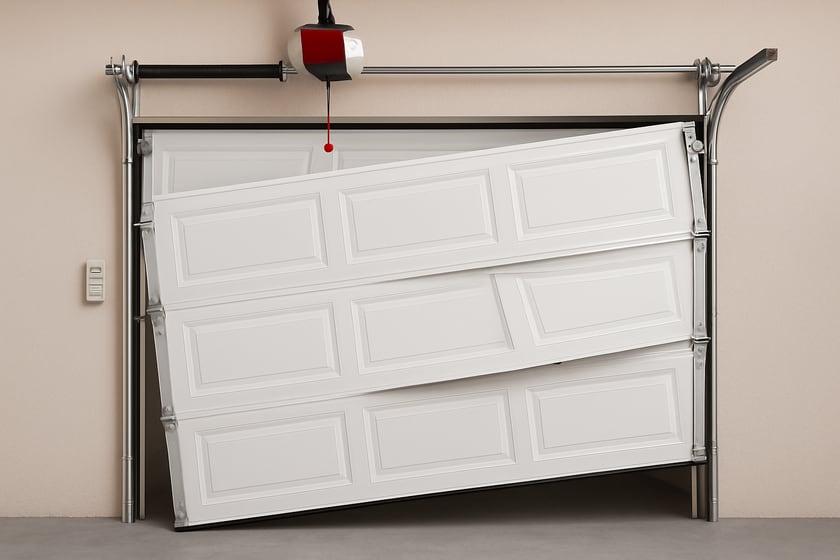 Product shot of a sectional garage door with a roller out of its track, for the article Sept. 29 Las Vegas weather outages: using the manual release safely, battery backup, and what to check when power returns.