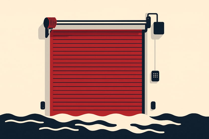 Illustration of a closed commercial steel roll up door against a plain wall, for the article Sept. 29 Las Vegas monsoon flooding: what wind and runoff do to commercial doors, and the checks that follow a storm.