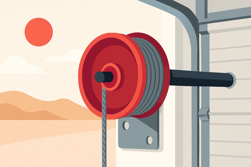 Illustration of a lift cable wound onto its drum beside the torsion shaft, for the article Extreme heat warning for Sept 8-10: what that Las Vegas heat does to garage door cables and what to book.