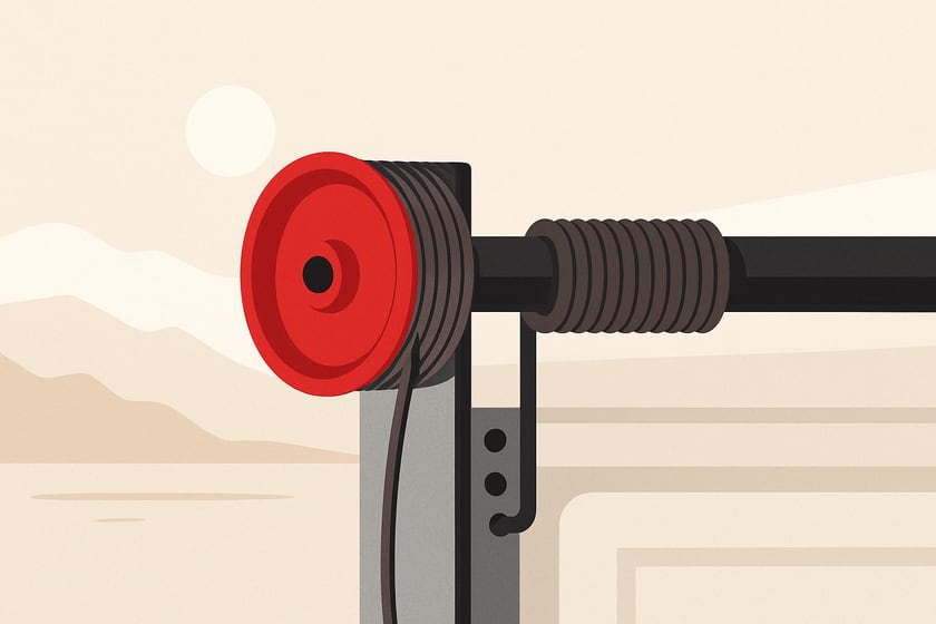 Illustration of a lift cable wound onto its drum beside the torsion shaft, for the article Clark County's Sept 9-11 cooling stations: what this late heat does to garage door cables and what to book.