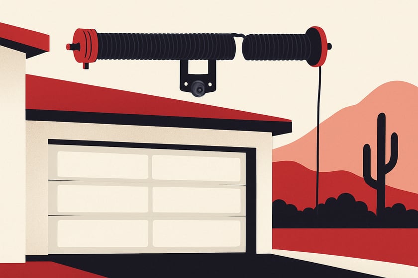 Illustration of a torsion spring on its shaft above a closed garage door, for the article Broken garage door spring repair, replacement and installation in Seven Hills.